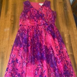 Coldwater Creek Dress 14 Pink and Purple Floral Top Sash V-neck Lined